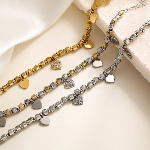 Heart Pendant Bead Bracelet Stainless Steel 18K Gold Plated Zircon Simple Geometric Jewelry For Women