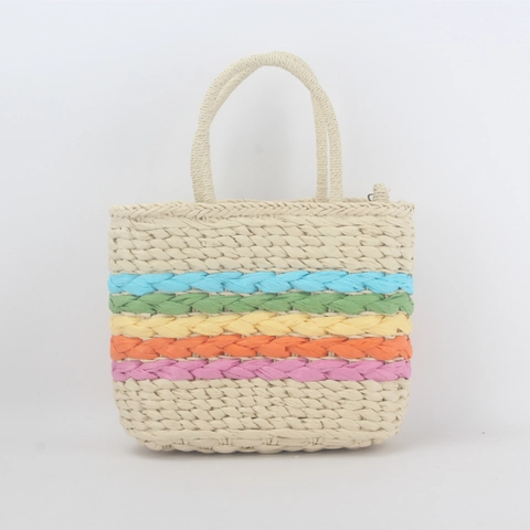 Damen Gewebte Umhängetasche Strohhandtasche Bunte Regenbogenstreifen Sommer Strand Urlaub Reise Große Kapazität Verschluss