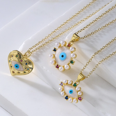 Evil Eye Anhänger Halskette Kupfer Vergoldet Bunte Zirkonia Emaille Künstliche Perle Herz Rund Schmuck Für Damen