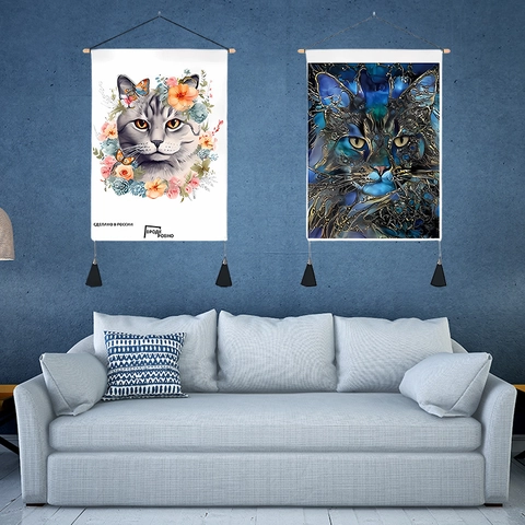 Cat Pattern Wall Tapestry Artistic Bohemian Home Decor Hanging Painting With Wood Pole And Tassel Polyester Cotton