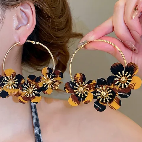Orecchini A Cerchio Grandi Con Fiori In Tessuto Leopardato Gioielli Boho Vintage Con Perno In Argento 925