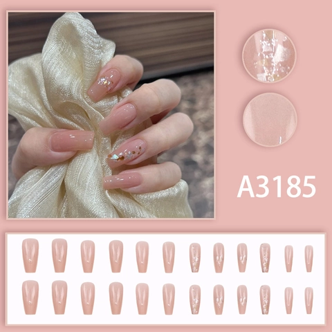 Nude Pink Press On Nails Long Coffin Shape Jelly Texture With Glitter Gold Foil Elegant Simple For Women