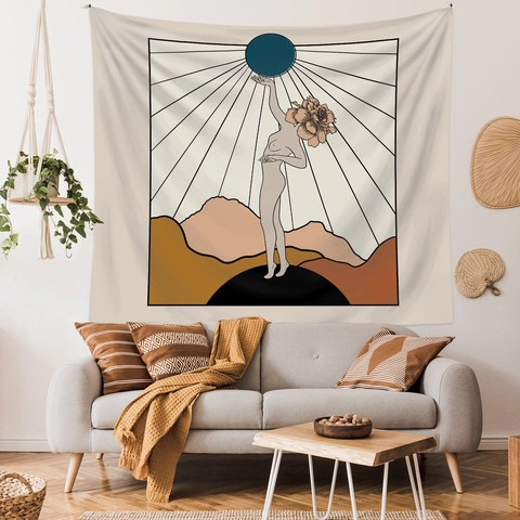 Bohemian Abstract Line Art Tapestry Polyester Wall Hanging Floral Woman Mountains Sun Decor For Bedroom Living Room