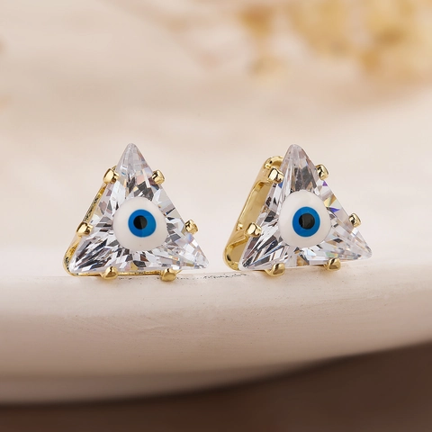 Driehoek Evil Eye Oorknopjes Voor Dames Koper Verguld Zirkonia Geometrisch Minimalistisch Trendy INS Stijl Sieraden