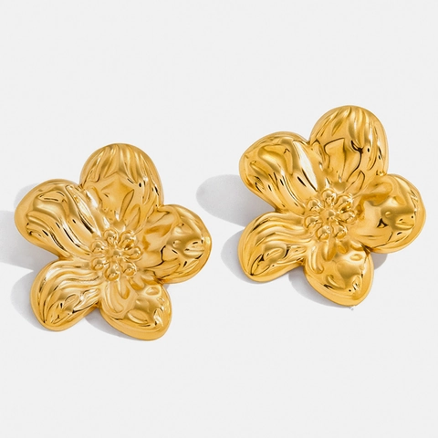 Orecchini A Lobo Fiore 3D Vintage Acciaio Inossidabile Placcato Oro 18K Gioielli Floreali Donna Stile Alta Classe