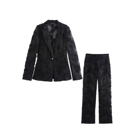 Blazer E Pantaloni Donna Pizzo Paillettes Applicazione Floreale Tridimensionale Maglia Semitrasparente Elegante Streetwear
