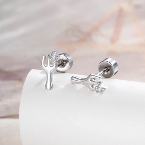 Micro Paved Zircon Tiny Fork Ear Cartilage Stud Titanium Steel Copper Piercing Jewelry For Women Cute Sweet Fashion
