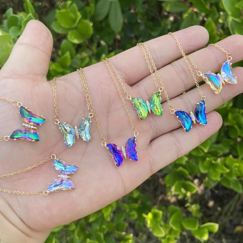 Gradient Butterfly Pendant Necklace Stainless Steel Copper Glass Zircon Accents Fashion Clavicle Chain For Women