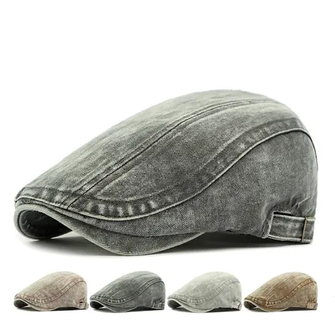 Vintage Washed Cotton Flat Cap Retro Herringbone Pattern Ivy Hat Adjustable Metal Buckle Casual Sun Protection Men
