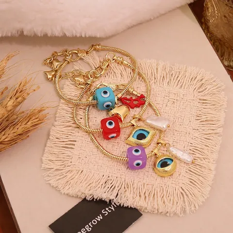 Bracciale Pendente Malocchio Rame Placcato Oro 18K Catena Serpente Perla Artificial Imitazione Smalto Gioielli Boho Per Donna