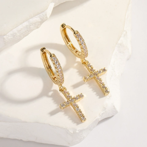 Copper Rhinestone Cross Square Evil Eye Letter Huggie Earrings Iced Out Hip Hop Hoop Earrings For Men Women Fashion Jewelry