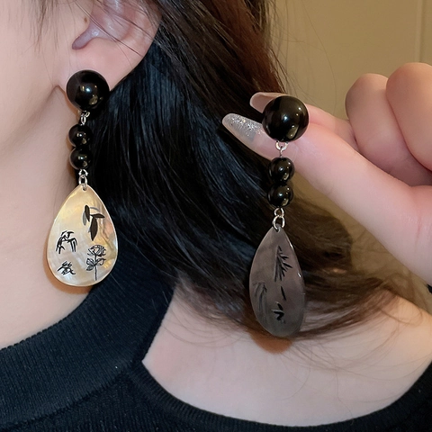 Vintage Chinese Style Drop Dangle Earrings With Mother Of Artificial Pearl Shell Black Beads And Silver Earring Post Floral Pattern