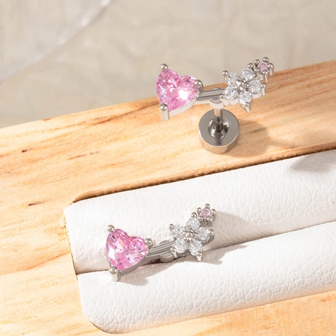 Pendiente De Cartílago Flor De Circonita Corazón Rosa Con Cierre De Rosca De Acero Inoxidable Joyería De Piercing Para Mujer