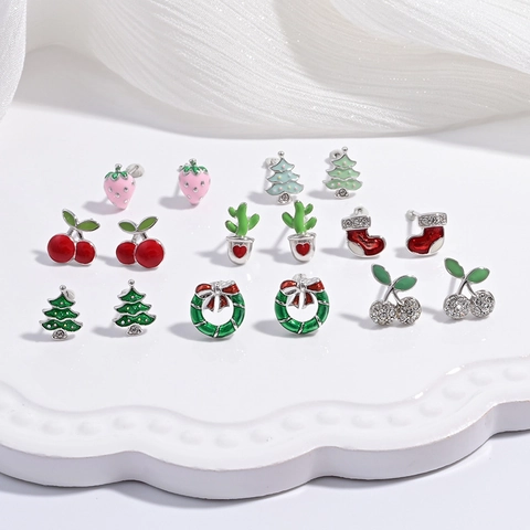 925 Sterling Silver Christmas Tree Fruit Stud Earrings Sweet Red Strawberry Cherry Apple Zirconia Enamel Earrings For Women Jewelry Gift
