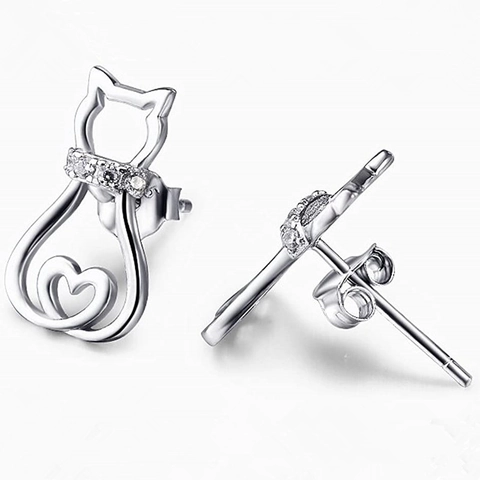 Orecchini A Lobo Gatto Per Donna Grazioso Design Gattino Cavo Dettaglio Cuore Zircone Incastonato Gioielli In Rame Stile Coreano