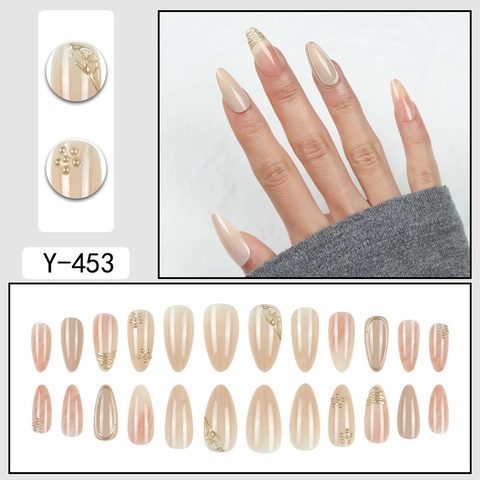 Amandel Plaknagels Met Nude Roze Marmerontwerp En 3D Gouden Reliëflijnen Glanzende Volledige Dekking Kunstnagels Dames