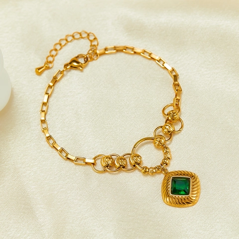 Stainless Steel Gold Bracelet With Square Green Cubic Zirconia Pendant French Retro Elegant Jewelry For Women