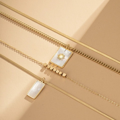 French Fashion Stainless Steel Multi-Layer Necklace With Sun Motif Mother Of Pearl Pendant 18K Gold Plated Stacking Chain