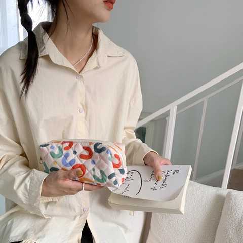 Large Capacity Quilted Cotton Pencil Case Makeup Bag Ins Style Floral Checkerboard Stationery Organizer For Students Women