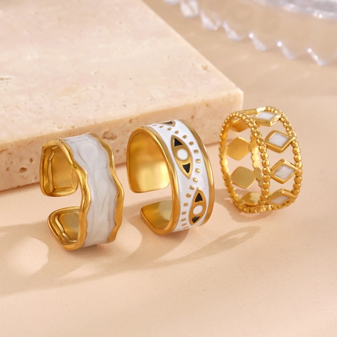 Adjustable Open Rings Stainless Steel Gold Plated White Enamel Evil Eye Flower Heart Geometric Fashion Jewelry For Women