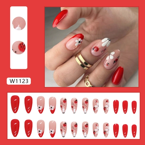 Unghie Finte Mandorla Motivo Coccinella Margherita Lucido Artificiale Manicure Per Donne Ragazze