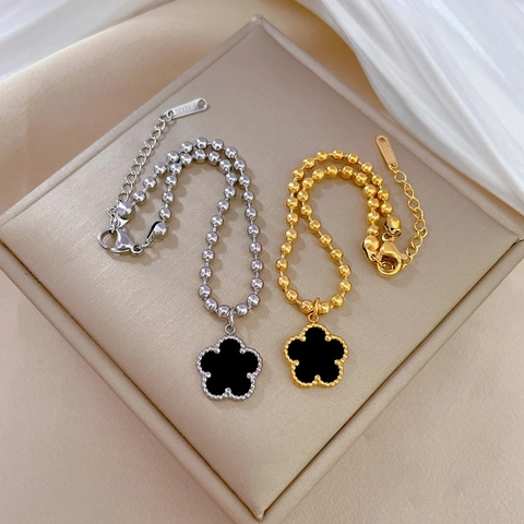 Bracelet En Perles D'acier Inoxydable Avec Pendentif Trèfle Noir Bijoux Élégants De Style Coréen Pour Femmes Filles