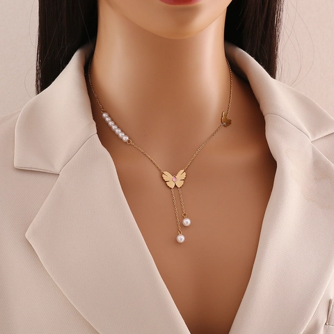 Collana A Farfalla In Acciaio Inossidabile Con Künstliche Perle E Gemma Rosa Catena Da Clavicola Gioielli Di Moda Per Donna