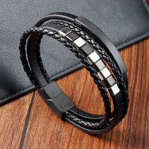 Men Multi-layer Braided Leather Bracelet With Stainless Steel Square Beads Magnetic Buckle Punk Style Handcrafted