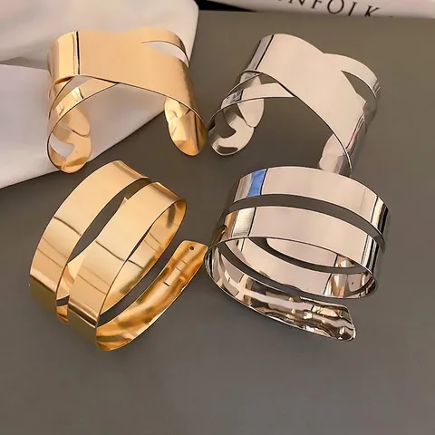 Minimalist Bangle Bracelet Metal Multi Layer Geometric Arm Cuff Adjustable Bold Fashion Jewelry For Women