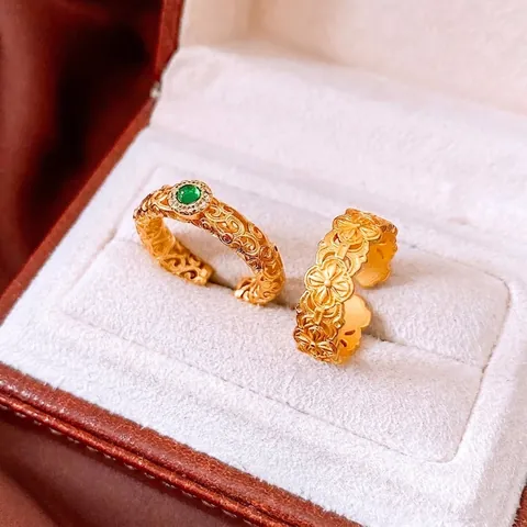 Vintage Barock Offener Ring Kupfer 24K Vergoldet Grüner Zirkon Hohlmuster Verstellbarer Schmuck Damen