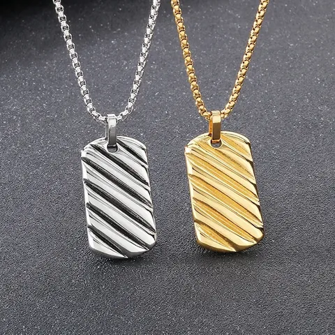 Titanium Steel Geometric Rectangular Dog Tag Pendant Necklace For Men Vintage Punk Diagonal Stripe Pattern Gold Silver Jewelry
