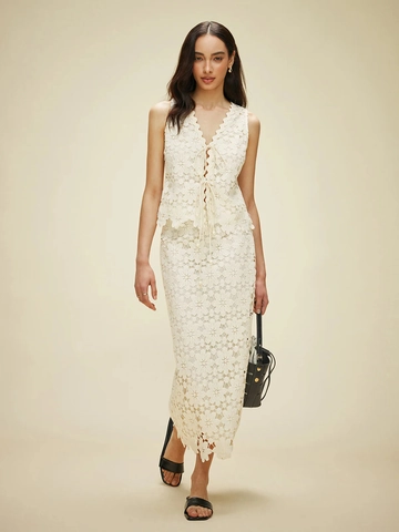 Completo In Pizzo Crochet Donna Top Senza Maniche Con Laccetti E Gonna Lunga A Vita Alta Stile Bohémien Francese Vacanza