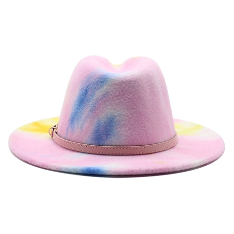 Tie Dye Fedora Hat Wool Felt Wide Brim Jazz Cap With Leather Band Metal Buckle Colorful Fashion For Men Women