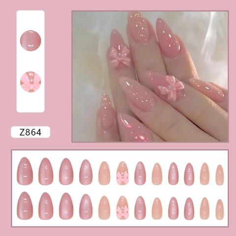 Press On Nails Dégradé Rose Forme Amande Avec Nœud 3D Paillettes Style Doux Faux Ongles Amovibles Pour Femmes