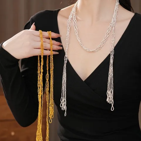 Collana Di Perle Di Vetro Lunga Multistrato Intrecciata Con Nappa Catena Maglione Accessori Di Moda Eleganti Per Donna