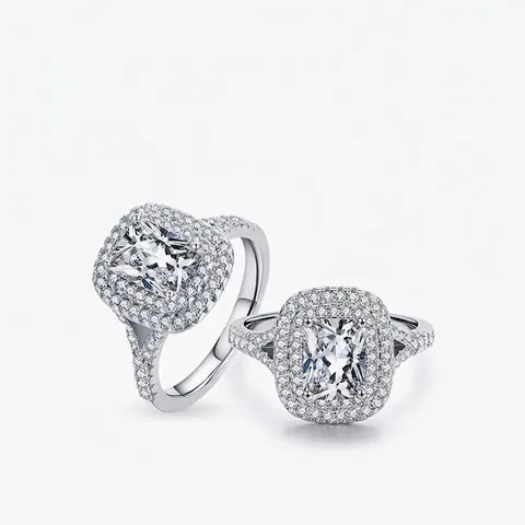 Luxus Rechteckiger Zirkon Ring 925 Sterlingsilber Doppel Halo Verlobung Mode Frauen Funkelnde Hochzeit Elegantes Handschmuck