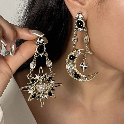 Orecchini Pendenti Asimmetrici Vintage Bohemian Sole Luna Stella Nappa per Donna Gioielli in Lega Strass Perla Artificiale