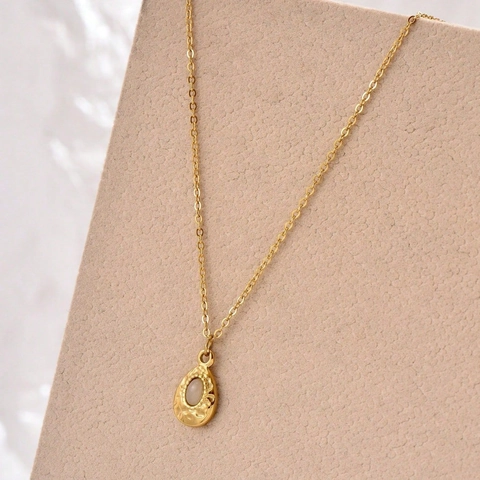 Water Drop Pendant Necklace Stainless Steel Hammered Metal White Zircon Vintage Gold Clavicle Chain For Women