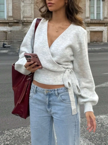 Women V Neck Wrap Sweater Knitted Top Long Sleeve Side Tie Slim Fit Solid Color Elegant Cardigan Streetwear Soft