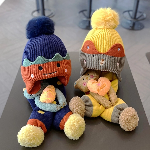 Cute 3D Cartoon Animal Kids Knitted Hat And Scarf Set Winter Warm Pompom Thickened Ear Protection Baby Beanie Two-Piece Set