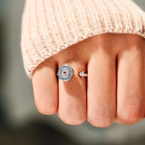 Anillo Abierto Ajustable de Plata de Ley 925 Con Ojo Turco Giratorio y Circonia Joyería de Alivio de Estrés Mujer