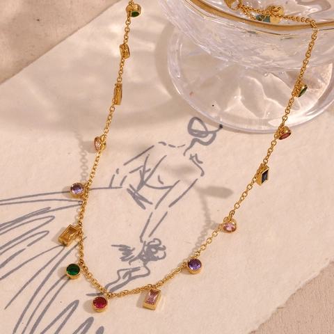 Collar Geométrico de Acero Inoxidable Chapado en Oro 18K con Circonia Colorida Colgante Redondo Rectangular Joyería para Mujer