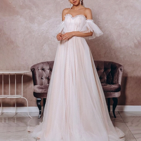 Robe De Mariée En Tulle À Pois Épaules Dénudées Manches À Volants Longue Épouse Élégante Style Vintage Romantique Femme