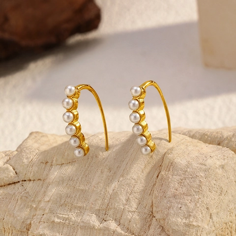 Boucles d'Oreilles Crochet en Acier Inoxydable Plqué Or avec Perle Artificielle et Tige en Argent Sterling 925 Femme Bijoux