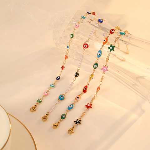 Fashion Stainless Steel Bracelet With Colorful Enamel Evil Eye Charms And Imitation Artificial Pearls Star Heart Drip Oil Jewelry