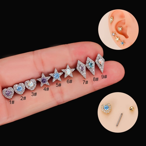Roestvrij Staal Zirkoon Hart Ster Ruit Oorkraakbeen Stud Schroefsluiting Piercing Sieraden Mode Vrouwen