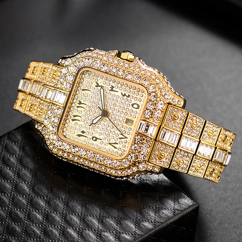 Orologio Al Quarzo Da Uomo Lusso Hip Hop Iced Out Con Strass Quadrante Quadrato Data Luminoso Lega Impermeabile