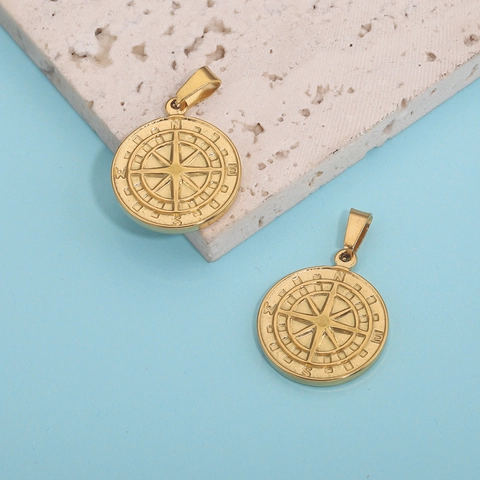 Colgante De Brújula Redondo Grabado Acero Inoxidable Estilo Hip Hop Vintage DIY Joyería Para Hombres Mujeres