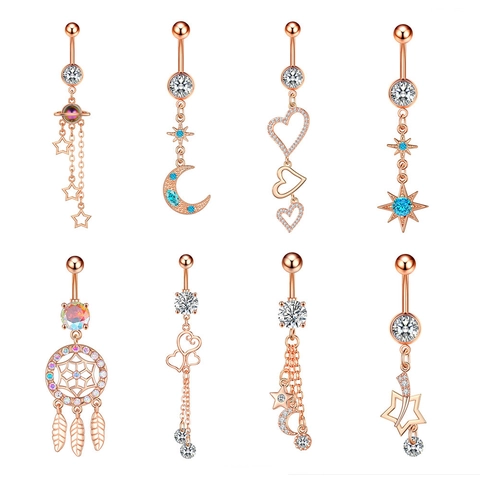 Zircon Belly Button Ring Copper Alloy Body Piercing Jewelry For Women Dangle Star Moon Heart Dreamcatcher Planet Novelty