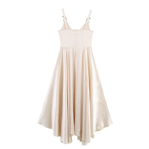 Abito Maxi Elegante In Raso Senza Maniche Per Donna Vita Alta Orlo Irregolare Grande Ampiezza Tinta Unita Scollo A V Spalline Con Fibbia In Metallo